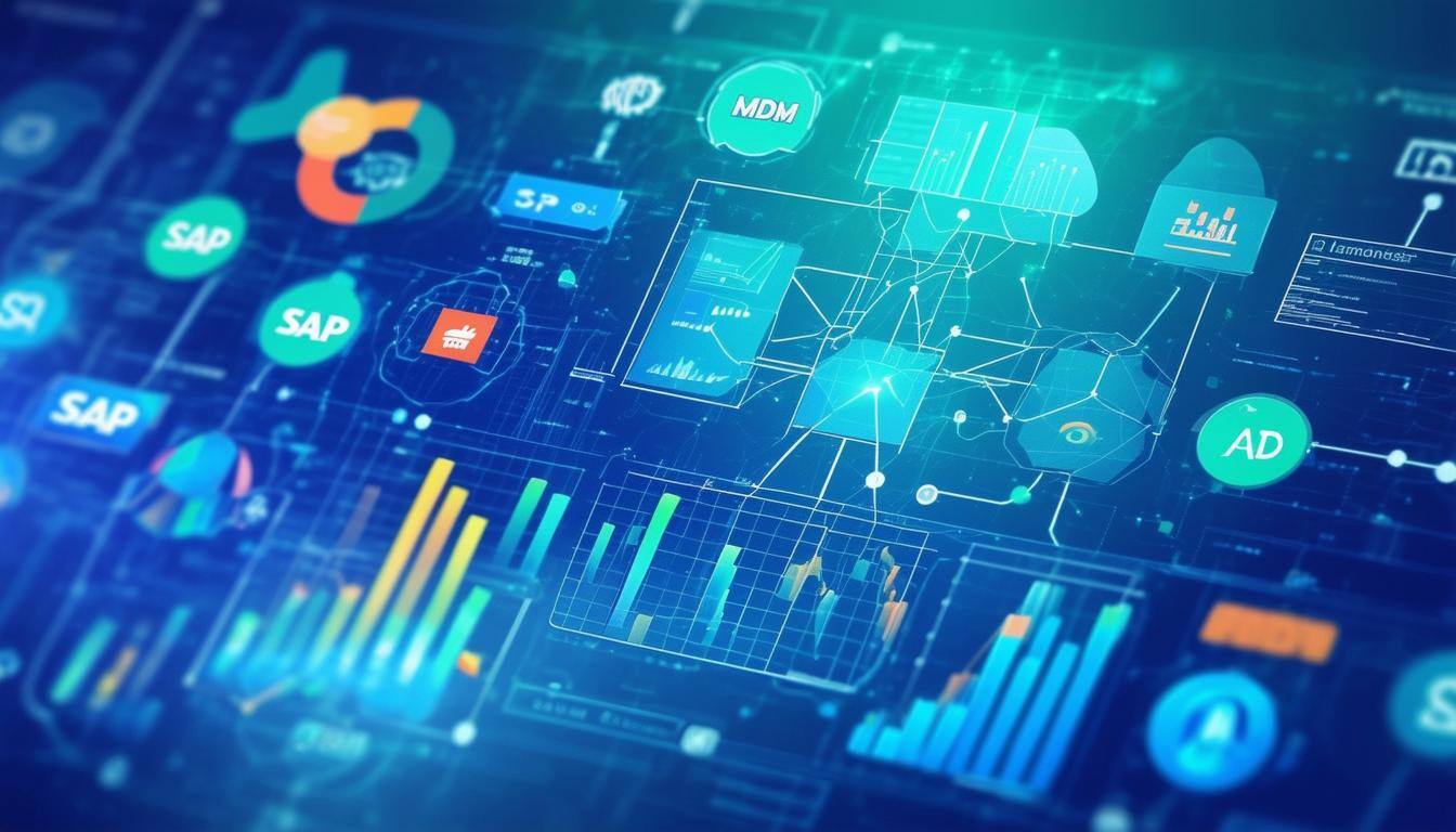 The image showcases a sleek, modern digital dashboard displaying various analytics related to Master Data Management MDM